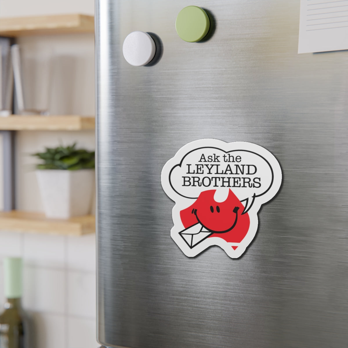 Die-Cut Magnet — "Ask the Leyland Brothers" Retro Smiley Map Magnet