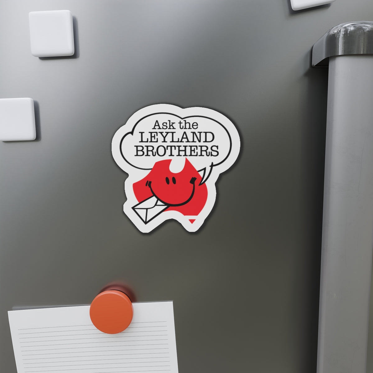 Die-Cut Magnet — "Ask the Leyland Brothers" Retro Smiley Map Magnet