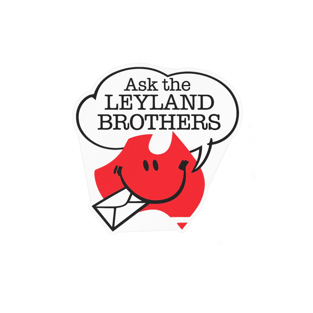 Kiss-Cut Vinyl Decal — "Ask the Leyland Brothers" Smiling Envelope Sticker