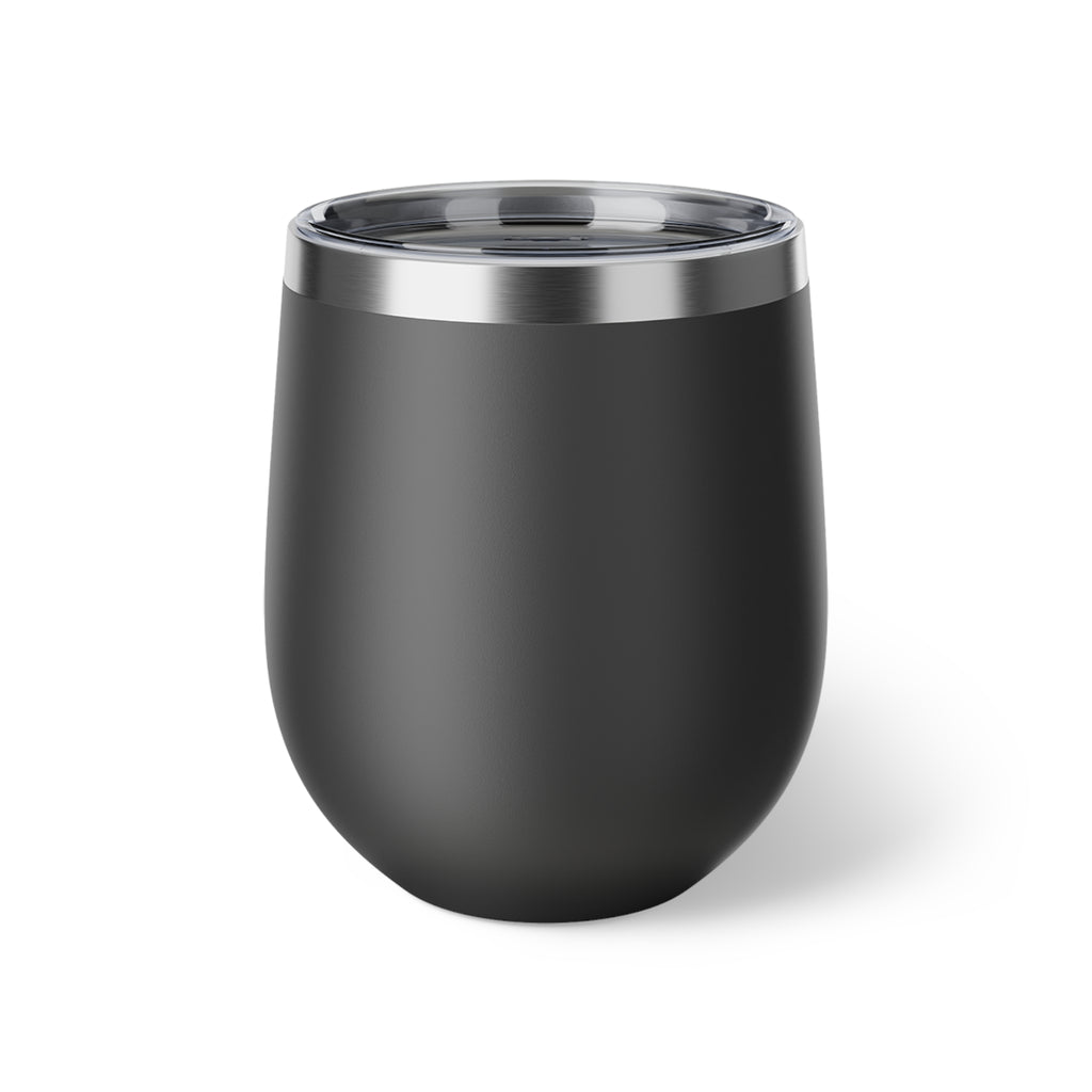 Insulated Wine Tumbler — "Ask the Leyland Brothers" Retro Travel Sticker Design, 12oz Copper Vacuum