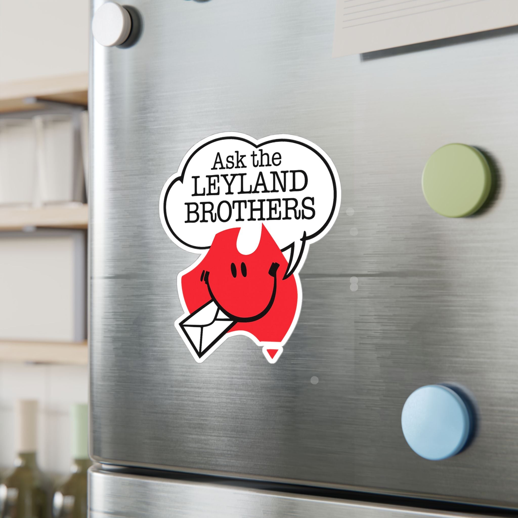 Kiss-Cut Vinyl Decal — "Ask the Leyland Brothers" Smiling Envelope Sticker
