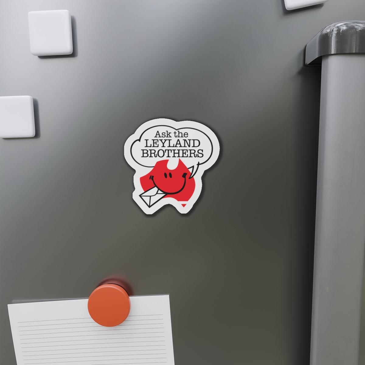 Die-Cut Magnet — "Ask the Leyland Brothers" Retro Smiley Map Magnet