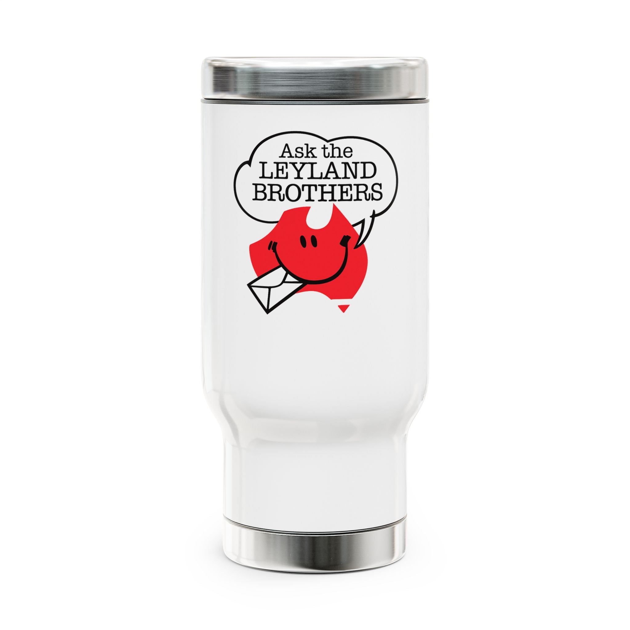 Travel Mug — “Ask the Leyland Brothers” Cute Retro Smiley Mail Graphic 14oz