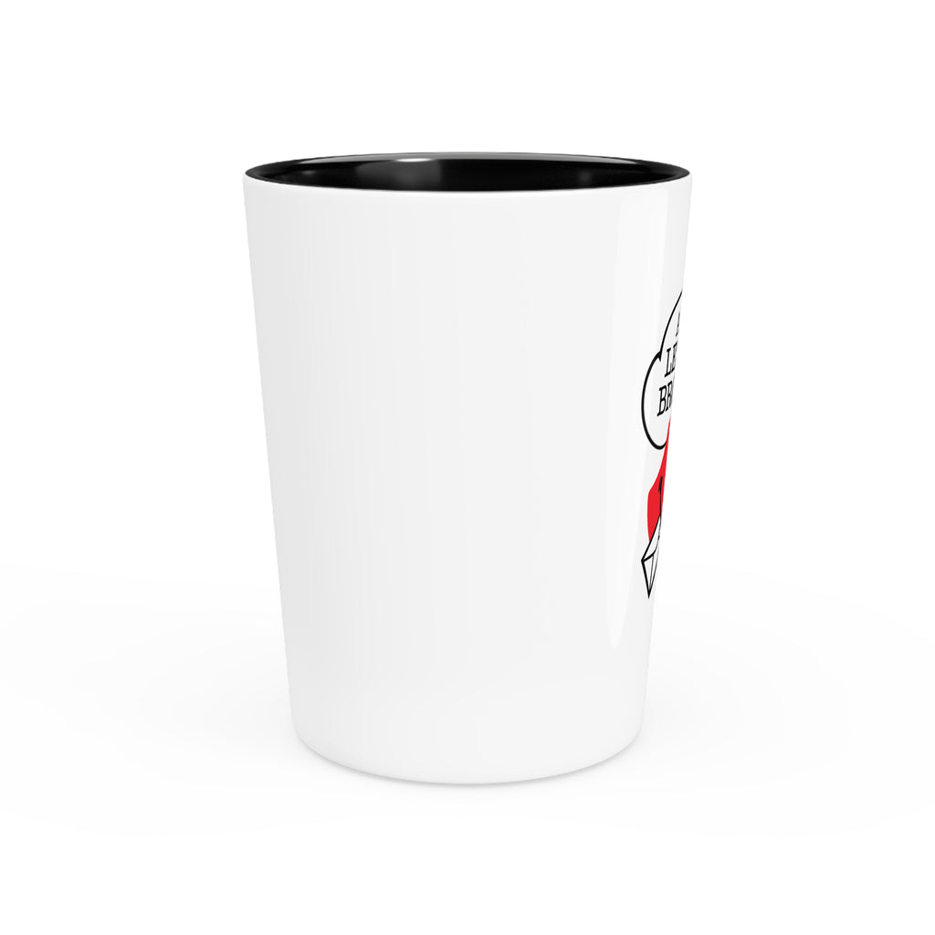 Ask the Leyland Brothers Shot Glass — Retro Smiley Devil Design