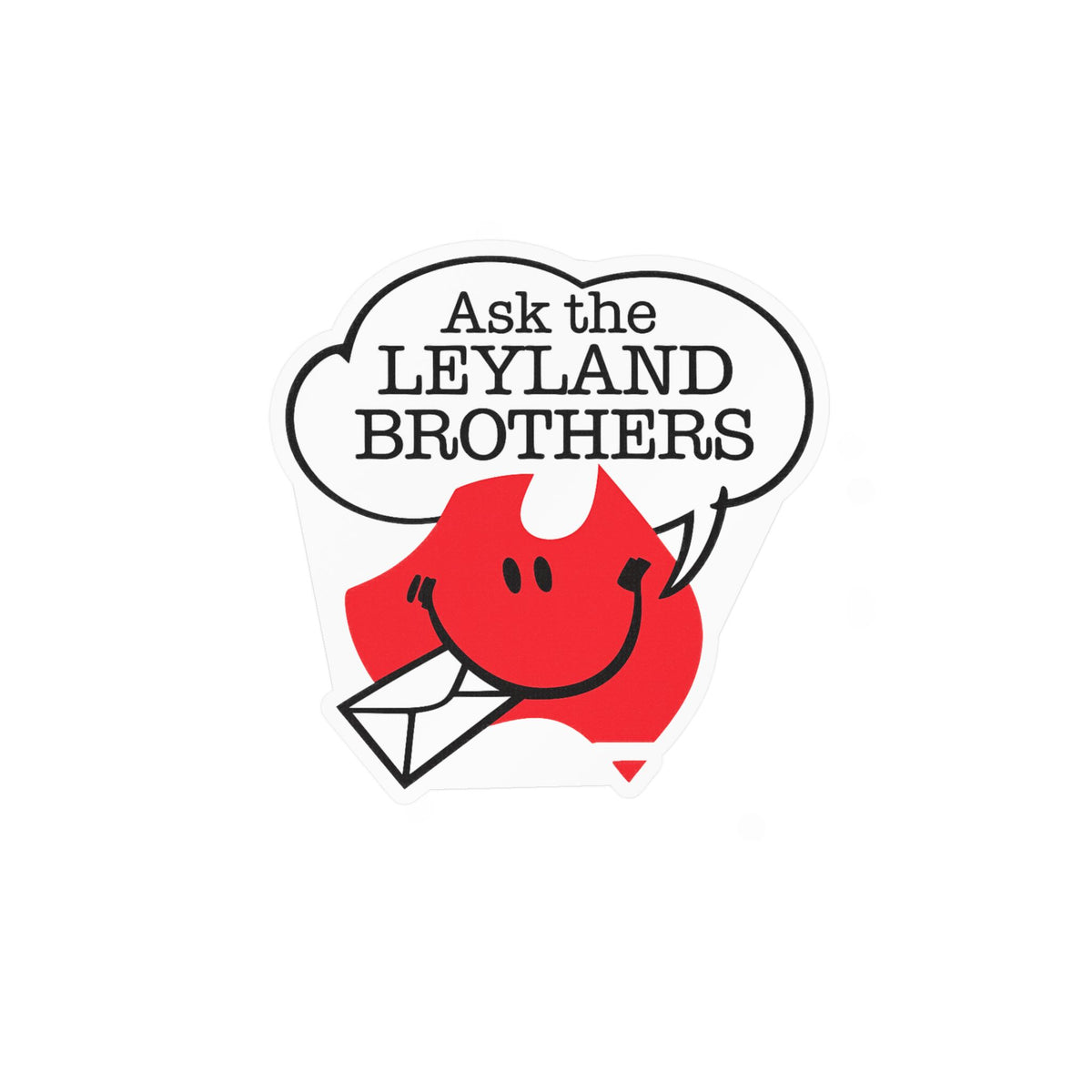 Kiss-Cut Vinyl Decal — "Ask the Leyland Brothers" Smiling Envelope Sticker