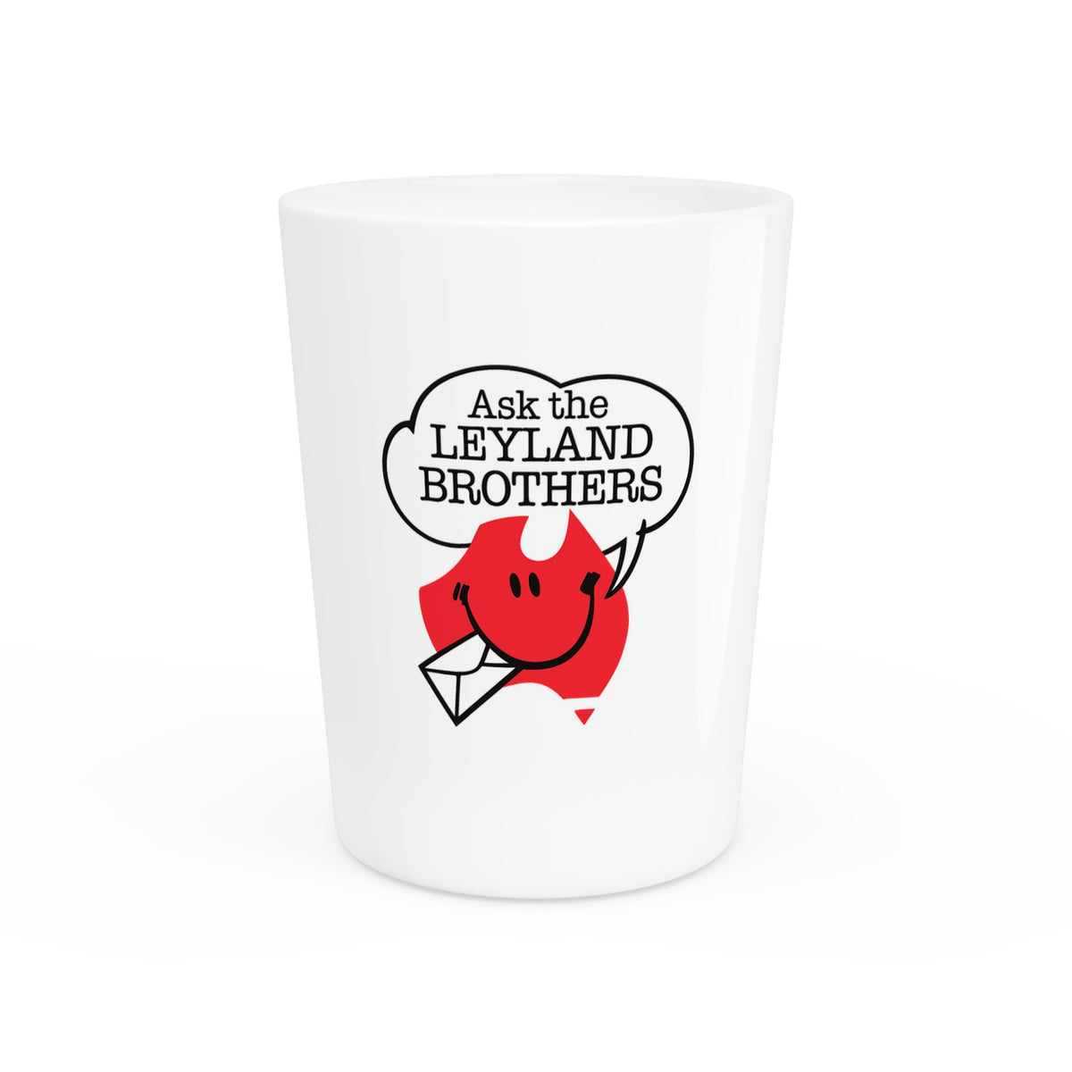 Ask the Leyland Brothers Shot Glass — Retro Smiley Devil Design