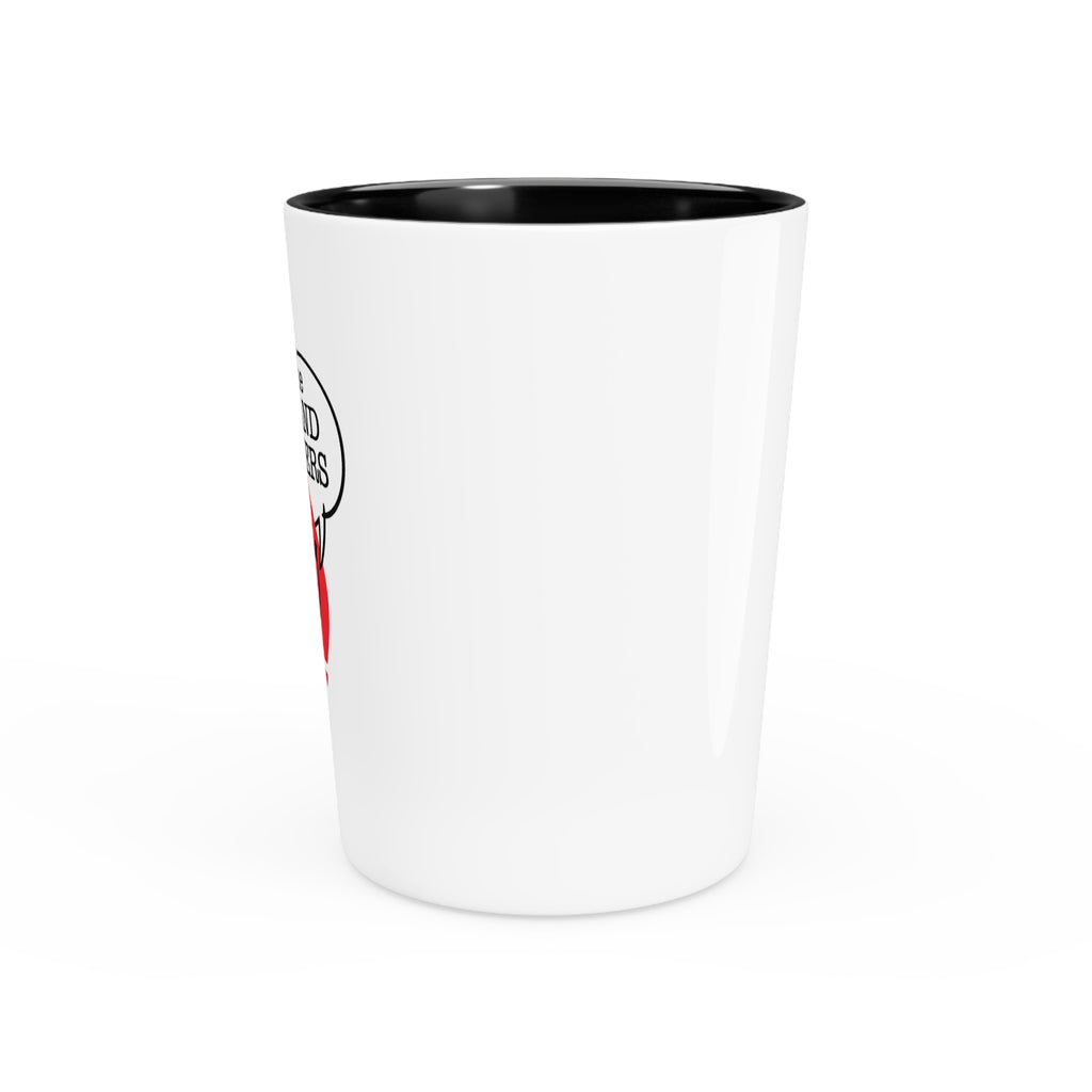Ask the Leyland Brothers Shot Glass — Retro Smiley Devil Design