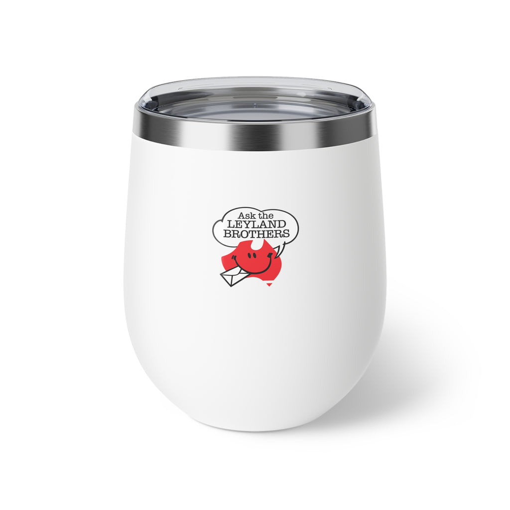 Insulated Wine Tumbler — "Ask the Leyland Brothers" Retro Travel Sticker Design, 12oz Copper Vacuum