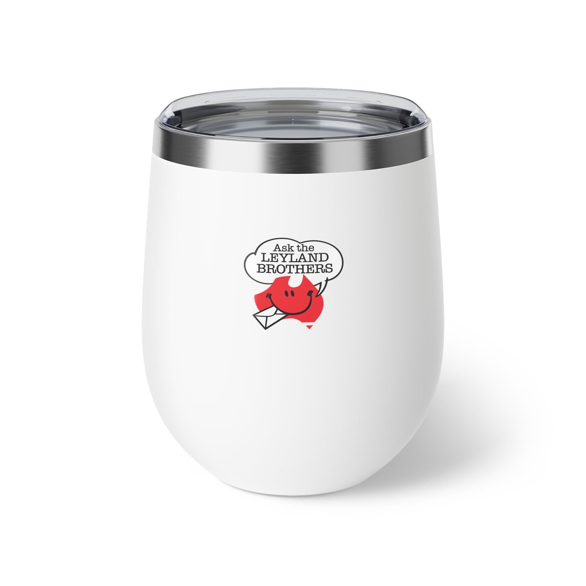 Insulated Wine Tumbler — "Ask the Leyland Brothers" Retro Travel Sticker Design, 12oz Copper Vacuum