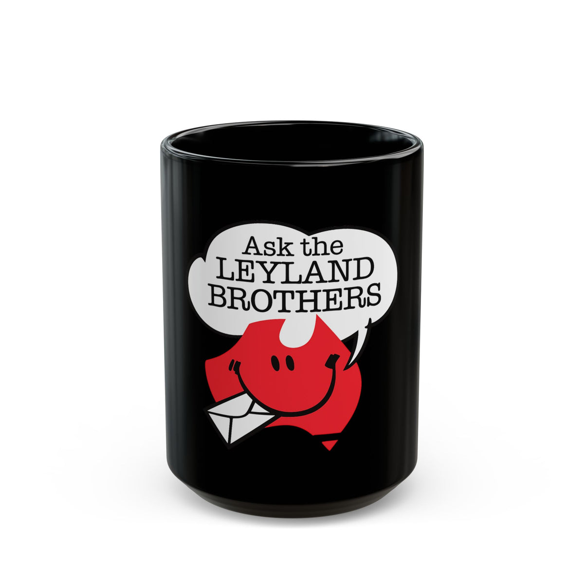 Ask the Leyland Brothers Mug — Retro Red Smiley with Envelope Coffee Cup (11oz & 15oz)