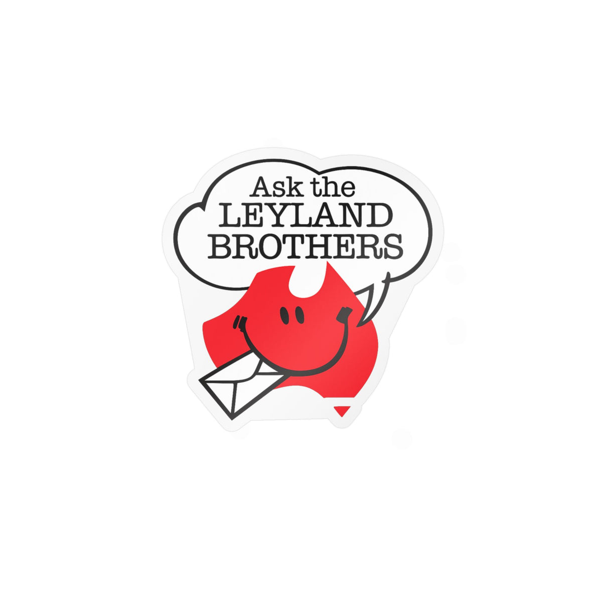 Kiss-Cut Vinyl Decal — "Ask the Leyland Brothers" Smiling Envelope Sticker