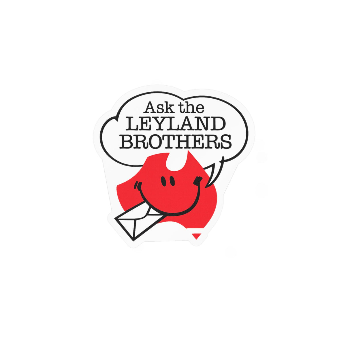 Kiss-Cut Vinyl Decal — "Ask the Leyland Brothers" Smiling Envelope Sticker