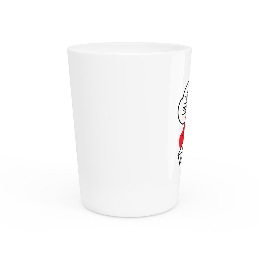 Ask the Leyland Brothers Shot Glass — Retro Smiley Devil Design