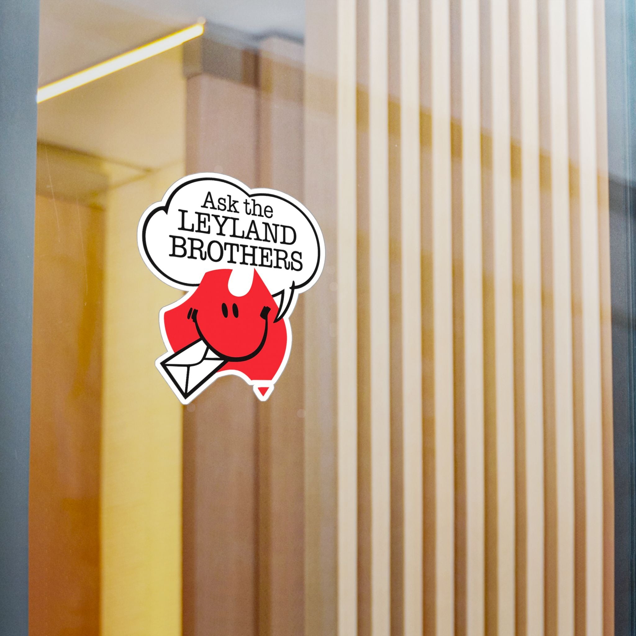 Kiss-Cut Vinyl Decal — "Ask the Leyland Brothers" Smiling Envelope Sticker