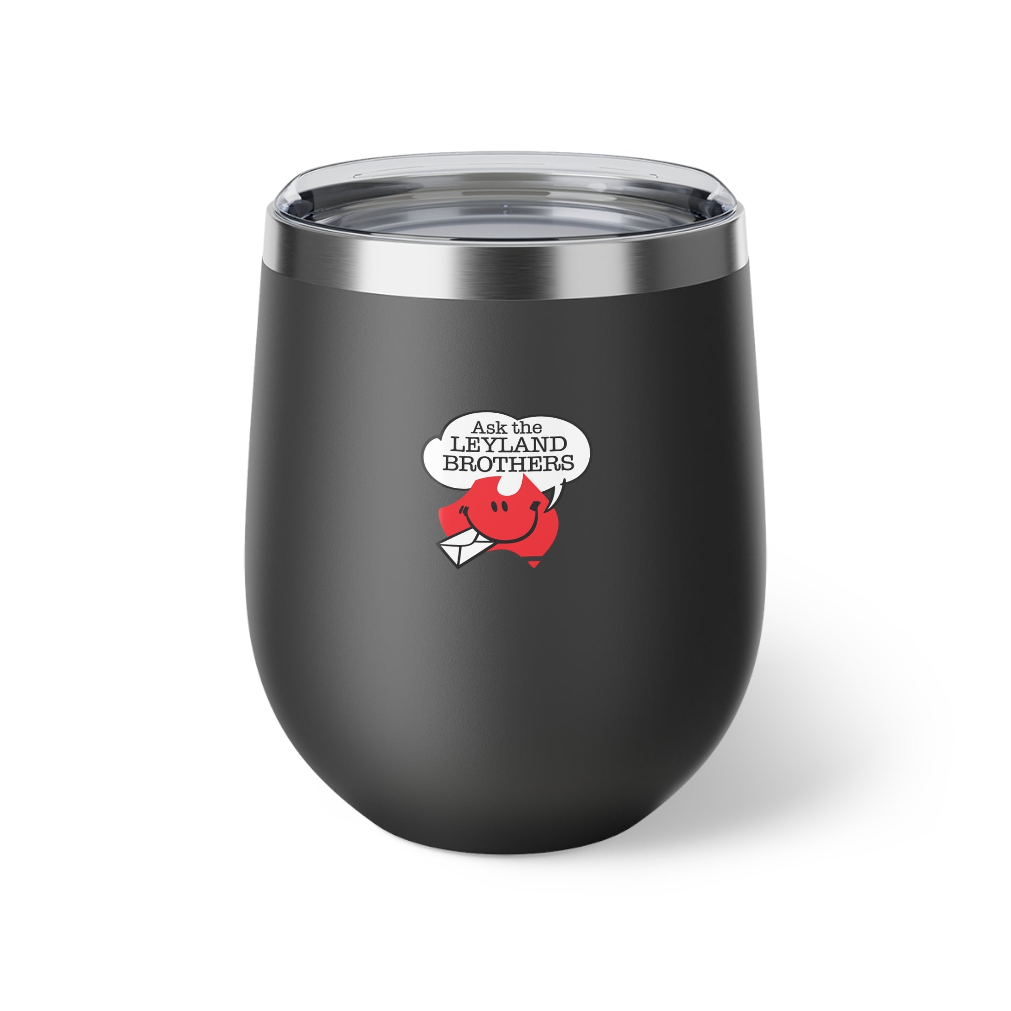 Insulated Wine Tumbler — "Ask the Leyland Brothers" Retro Travel Sticker Design, 12oz Copper Vacuum