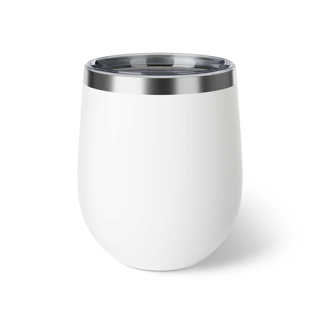 Insulated Wine Tumbler — "Ask the Leyland Brothers" Retro Travel Sticker Design, 12oz Copper Vacuum