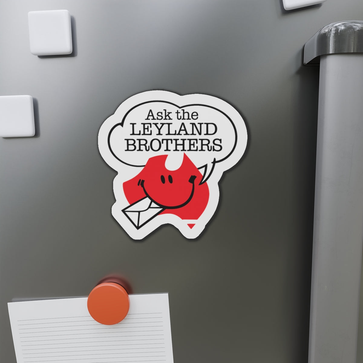 Die-Cut Magnet — "Ask the Leyland Brothers" Retro Smiley Map Magnet