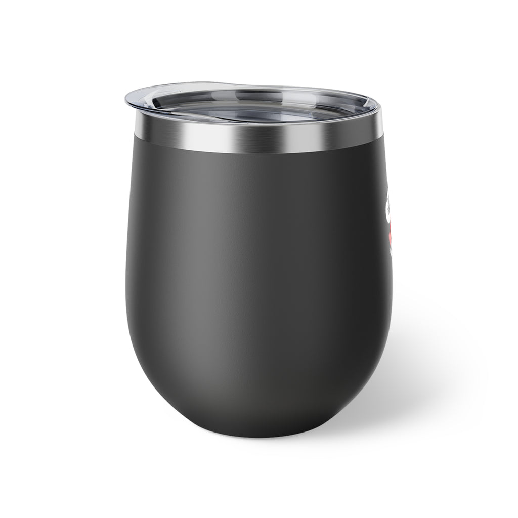 Insulated Wine Tumbler — "Ask the Leyland Brothers" Retro Travel Sticker Design, 12oz Copper Vacuum