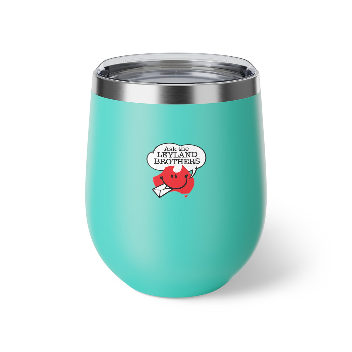 Insulated Wine Tumbler — "Ask the Leyland Brothers" Retro Travel Sticker Design, 12oz Copper Vacuum