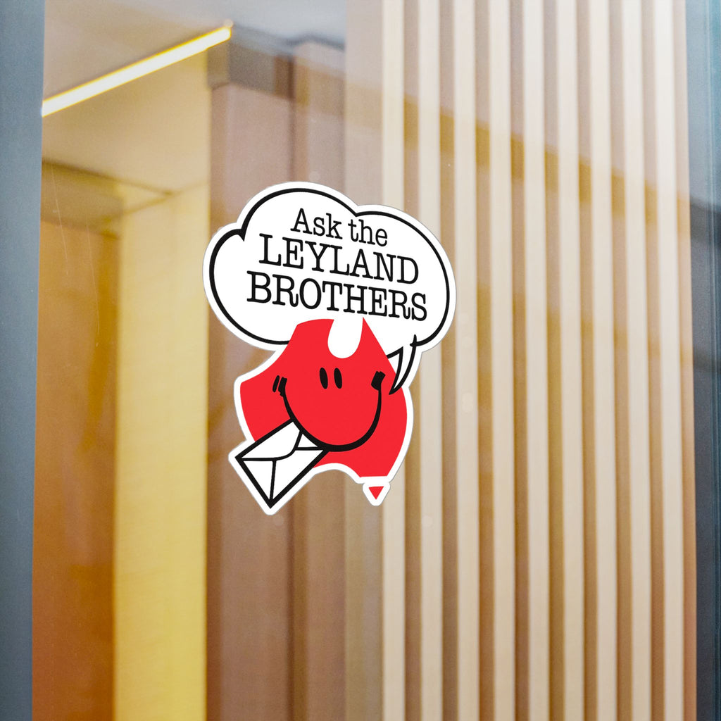Kiss-Cut Vinyl Decal — "Ask the Leyland Brothers" Smiling Envelope Sticker