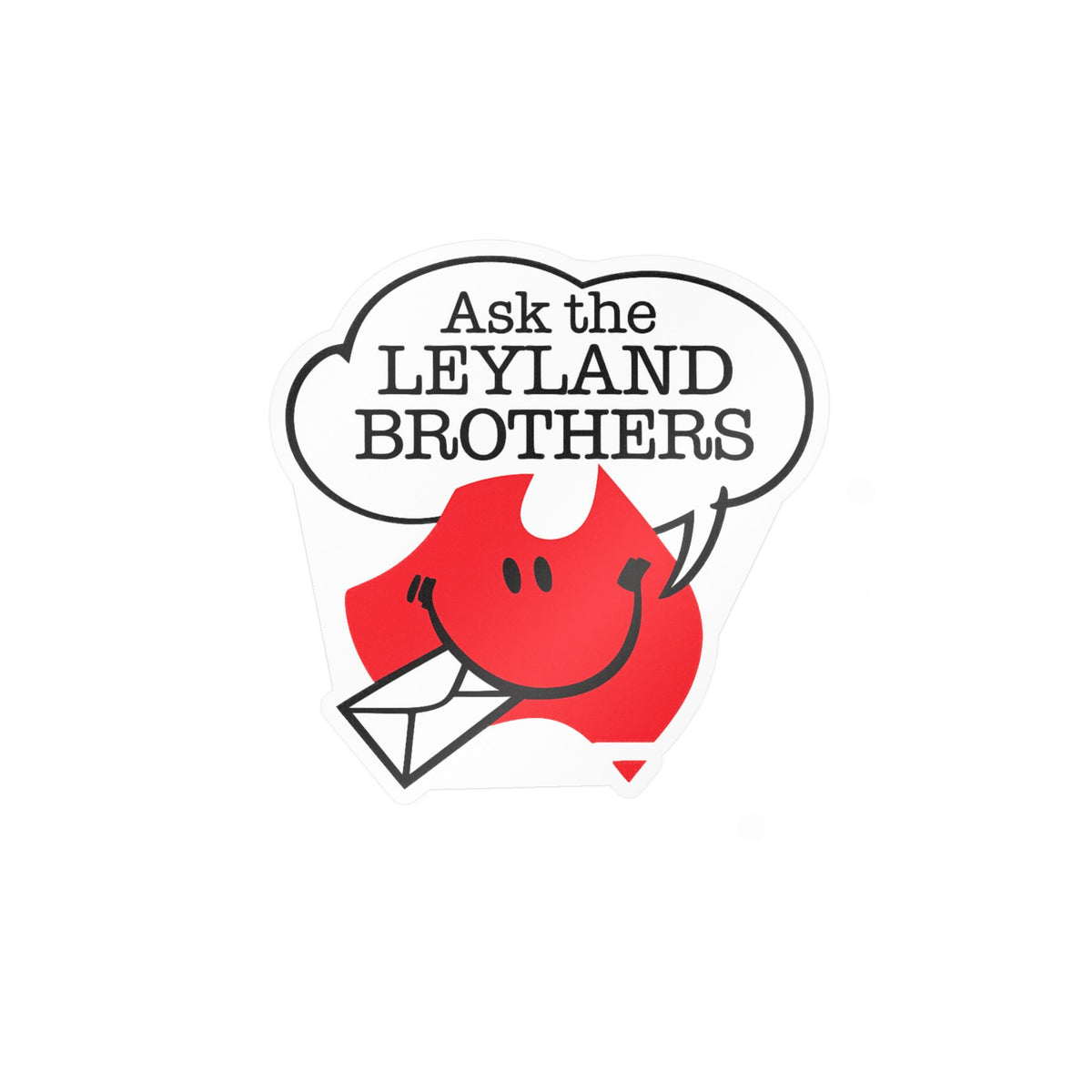 Kiss-Cut Vinyl Decal — "Ask the Leyland Brothers" Smiling Envelope Sticker