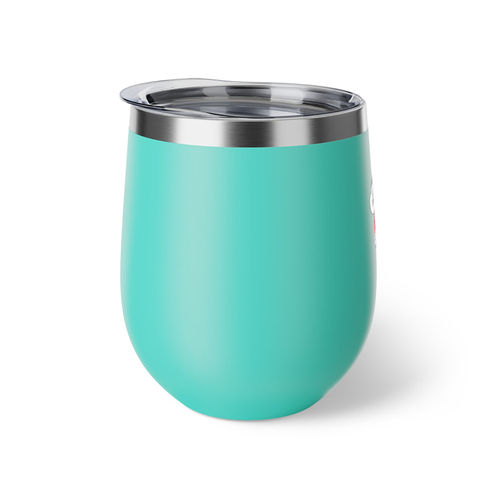 Insulated Wine Tumbler — "Ask the Leyland Brothers" Retro Travel Sticker Design, 12oz Copper Vacuum