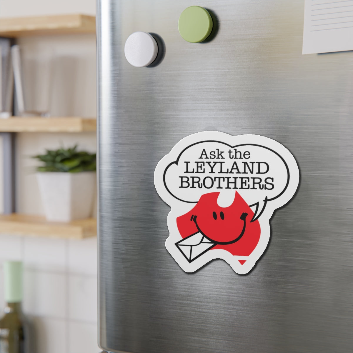 Die-Cut Magnet — "Ask the Leyland Brothers" Retro Smiley Map Magnet