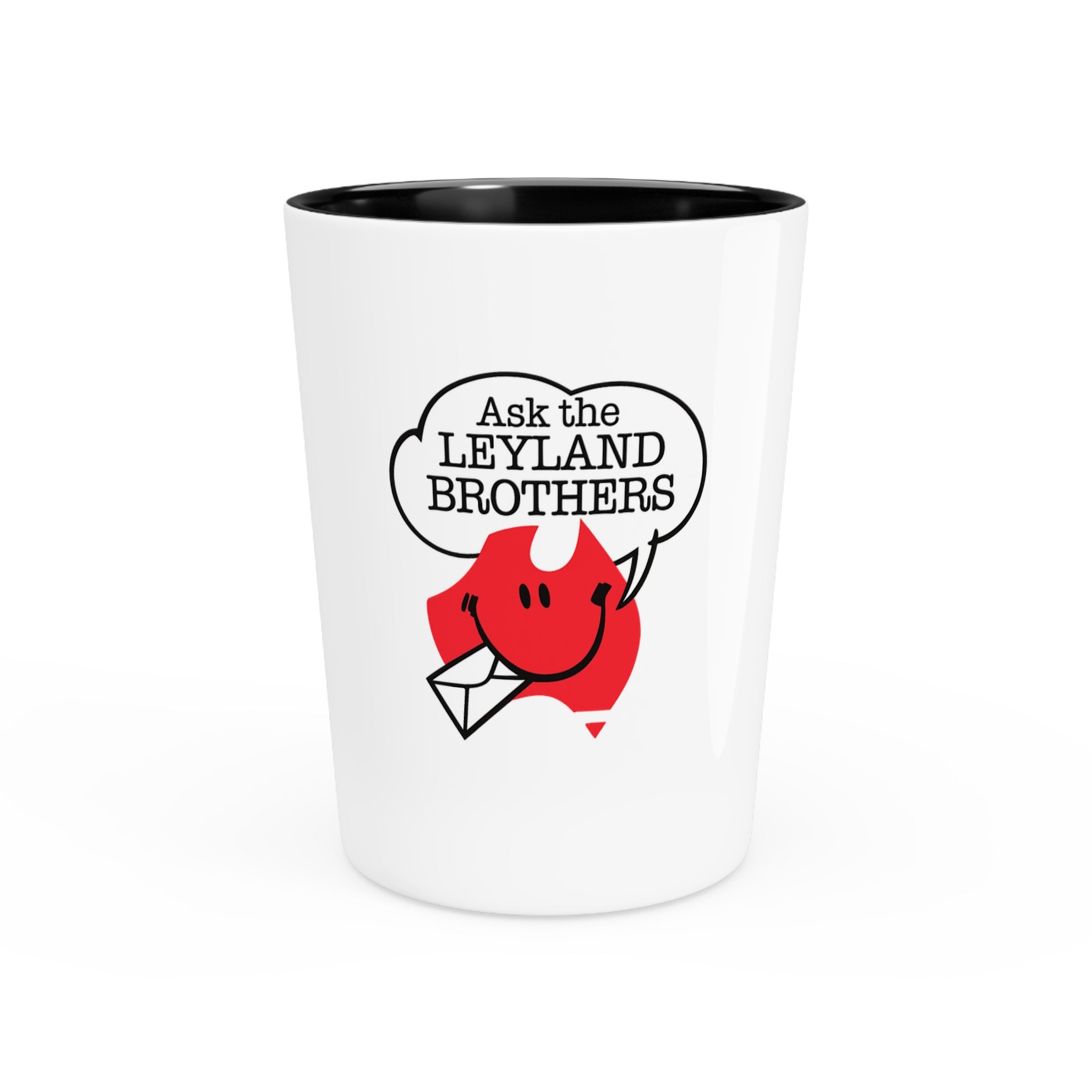 Ask the Leyland Brothers Shot Glass — Retro Smiley Devil Design